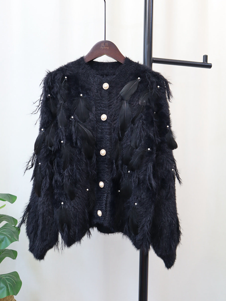 Just Arrived at Buy Center: Artificial Mink Fur Gentle Design Feather Beaded Tassel Knitted Cardigan Sweater Coat Black Free Size