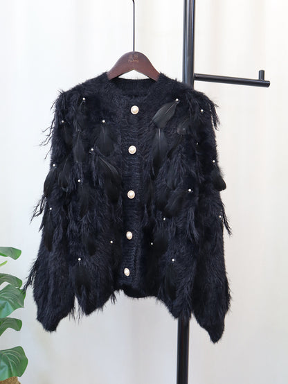 Just Arrived at Buy Center: Artificial Mink Fur Gentle Design Feather Beaded Tassel Knitted Cardigan Sweater Coat Black Free Size