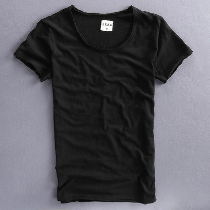 Newly Released at Buy Center: Simple Solid Color T-shirt Slub Cotton Men's Short-sleeved T-shirt Blackround Neck