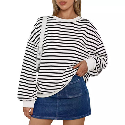 Fresh Arrivals at Buy Center: Women's Colorful Striped Round Neck Loose Sweatshirt