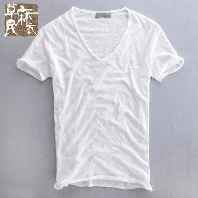 Newly Released at Buy Center: Simple Solid Color T-shirt Slub Cotton Men's Short-sleeved T-shirt Beige V Neck