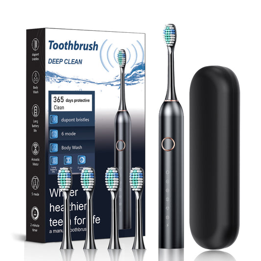 New Electric Toothbrush Household 6-speed Soft Bristle Sound Wave Black 4 Bruch Head