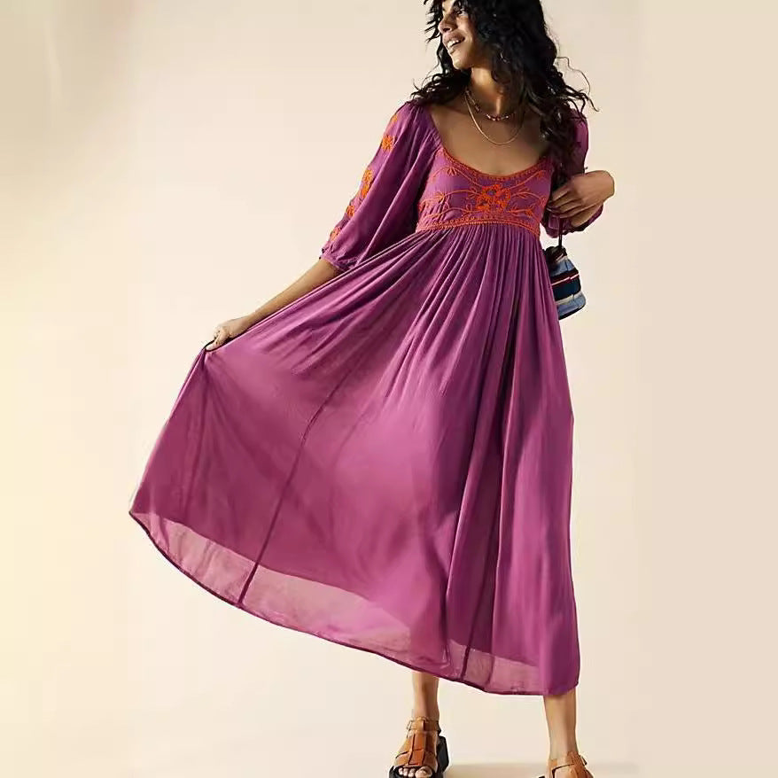 Fresh on the Scene at Buy Center: Bohemian FREE Vacation Style Vintage Embroidery Dress Purple