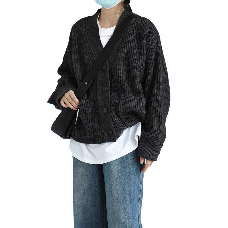 Newly Released at Buy Center: Korean Style Solid Color And V-neck Pocket Knitted Cardigan Sweet Cuff Sweater Coat