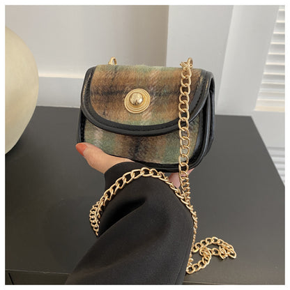 Newly Arrived at Buy Center: Plaid Retro Contrast Color Woolen Women's Shoulder Bag Green