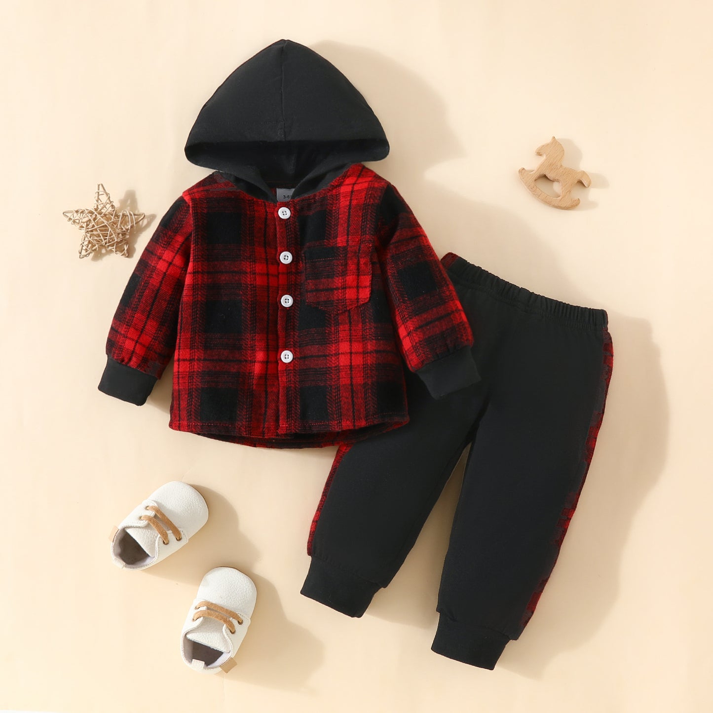 Newly Released at Buy Center: Toddler Baby Boy Classic Plaid Hooded Long Sleeve Shirt Contrast Color Trousers Suit Red