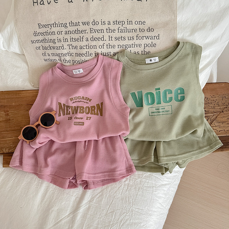 Hot New Items at Buy Center: Korean Style Ins Infant Children's Clothing Summer Sleeveless Vest Shorts Suit Letter Printing