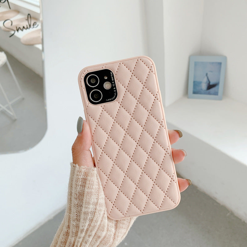 New at Buy Center: Solid Color Diamond Plaid Lambskin Phone Case Pink