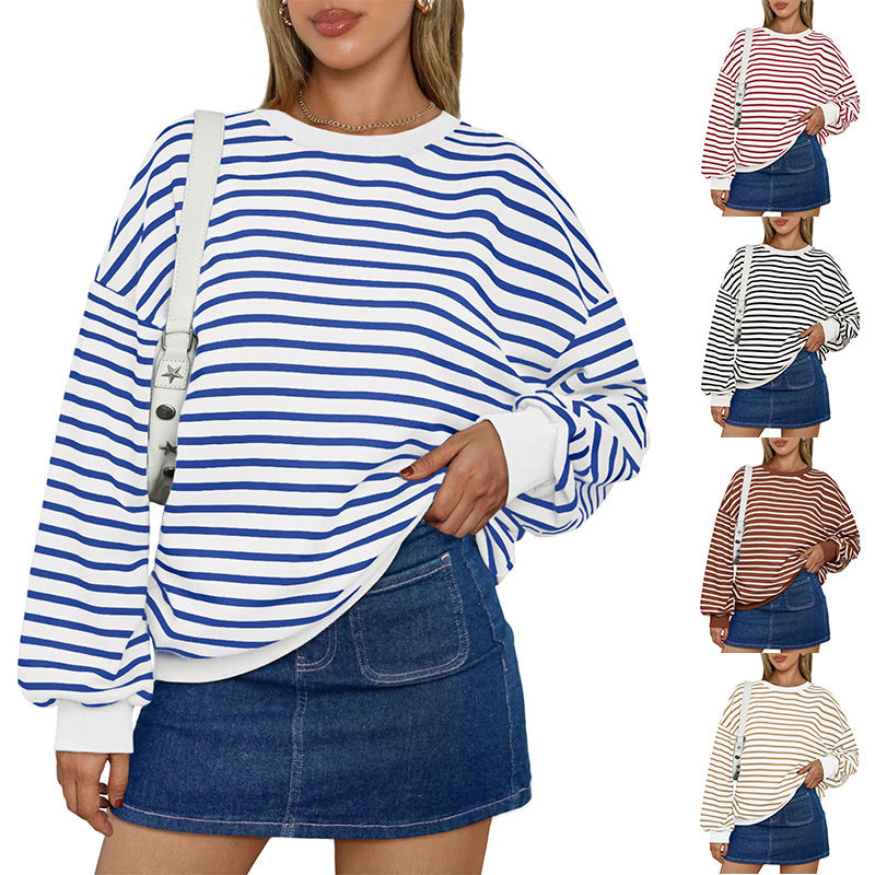 Fresh Arrivals at Buy Center: Women's Colorful Striped Round Neck Loose Sweatshirt