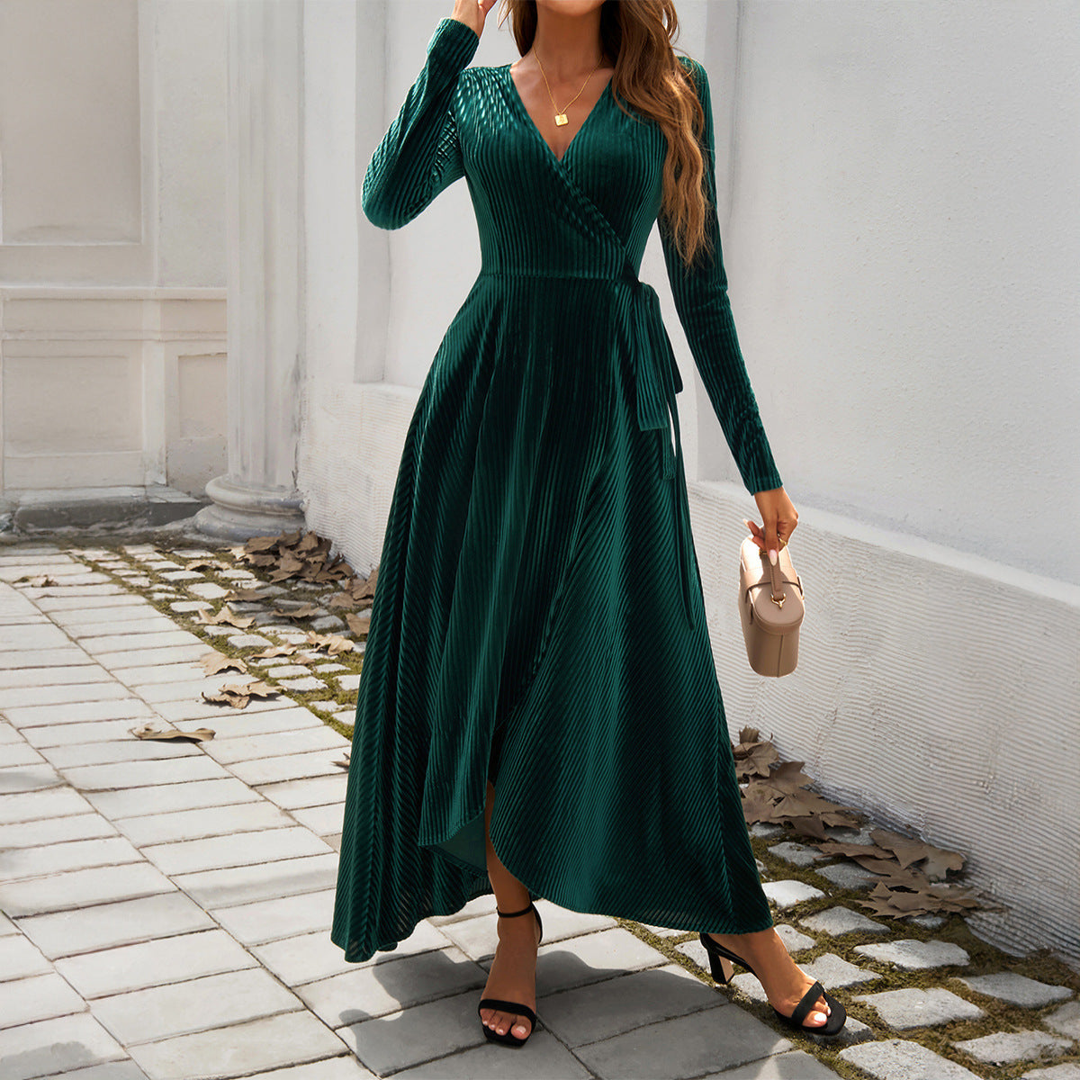 Just Arrived at Buy Center: Autumn And Winter Elegant Pure Desire V-neck High Waist Slit Dress Dark Green