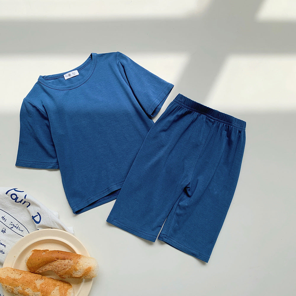 Hot New Items at Buy Center: Modal Children's Pajamas Short-sleeved Thin Bellyband Homewear Suit Sapphire Blue