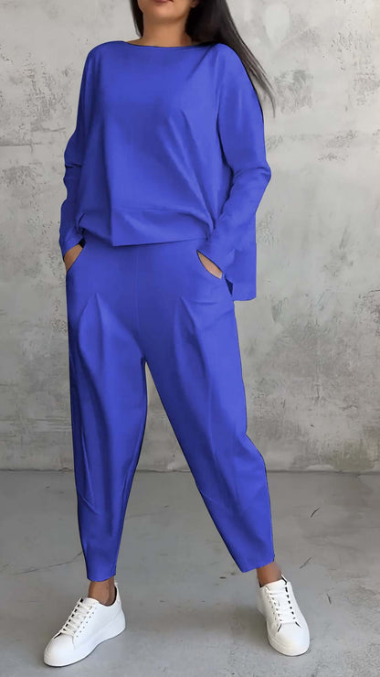 New Women's Irregular Design Long-sleeved Sweater Harem Pants Suit Blue