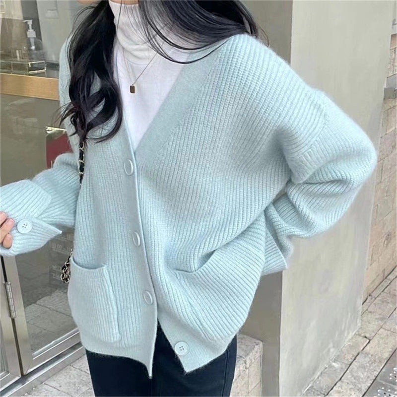 Newly Released at Buy Center: Korean Style Solid Color And V-neck Pocket Knitted Cardigan Sweet Cuff Sweater Coat