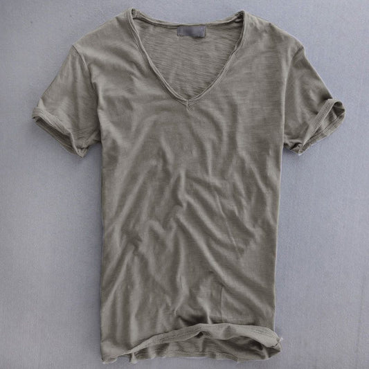 Newly Released at Buy Center: Simple Solid Color T-shirt Slub Cotton Men's Short-sleeved T-shirt Light Gray V Neck