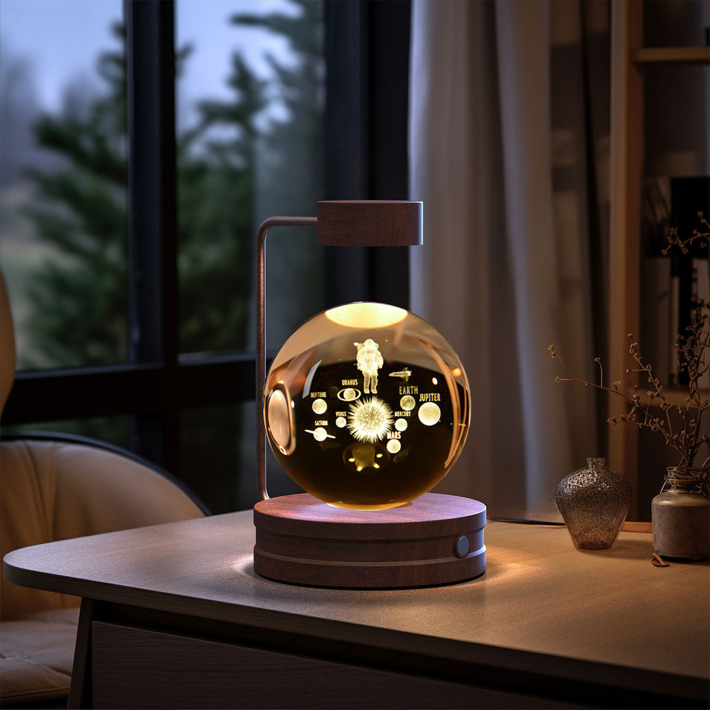 Crystal Ball Cosmic Dinosaur Indoor Night Light USB Power Warm Bedside Light Birthday Gift Night Lamp Astronauts Dark wood