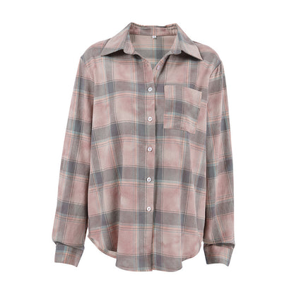 Buy Center Excellence-Plaid Long Sleeve Shirt Baggy Coat Women