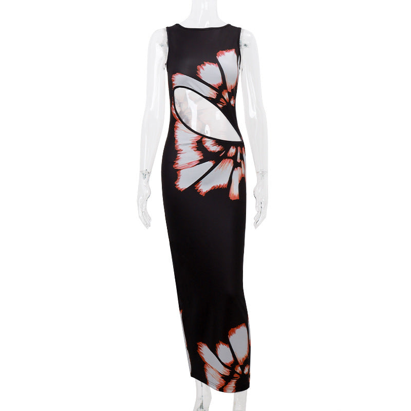 Just Arrived at Buy Center: Retro Printed Sleeveless Hollow Sexy Slim Fit Color-matching Dress