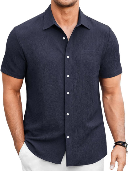 Just Arrived at Buy Center: Men's Summer Solid Color Bubble Wrinkle Simple And Comfortable Daily Short Sleeve Shirt Navy Blue