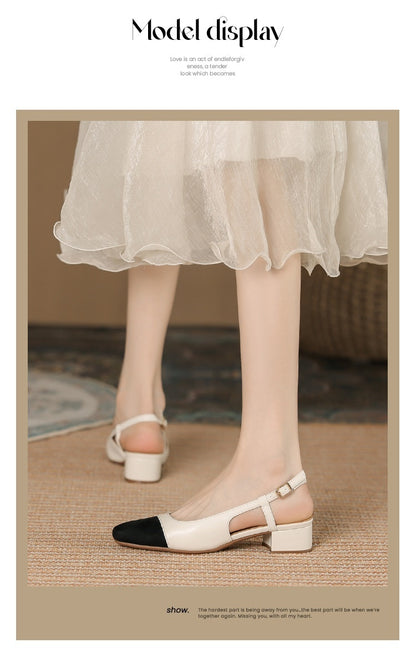 Trending Now at Buy Center: Leather Toe Cap French Style Chunky Heel Color Matching Women's Shoes