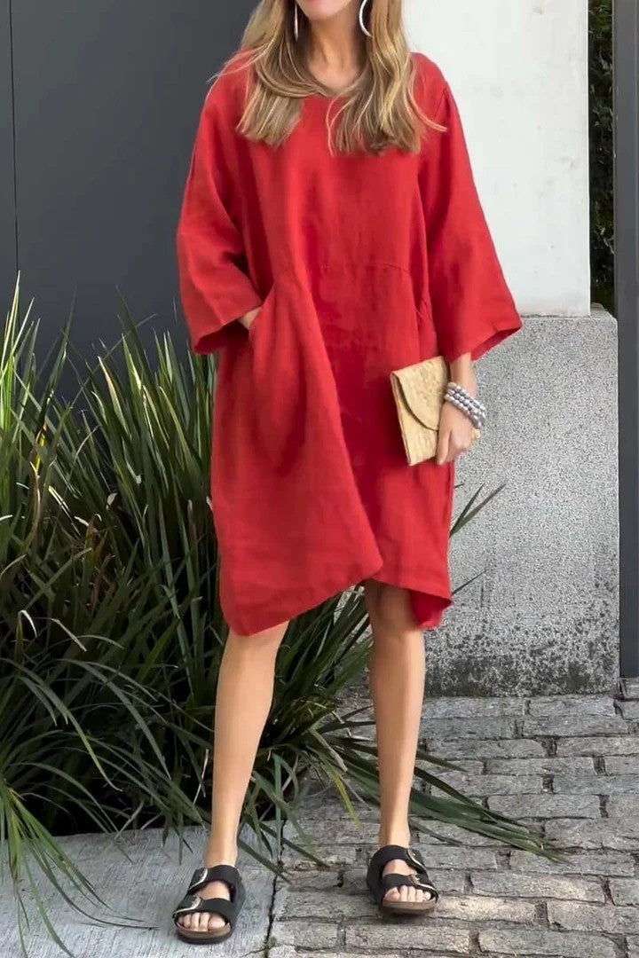 Hot New Items at Buy Center: Women's Cute Solid Color Loose Casual Pocket Cotton Linen Dress Red