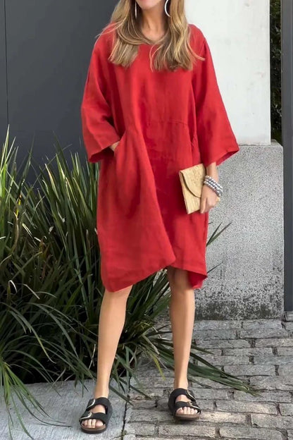 Hot New Items at Buy Center: Women's Cute Solid Color Loose Casual Pocket Cotton Linen Dress Red