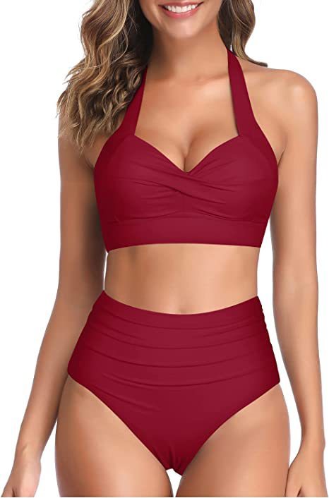 New Split Bow Bikini Seaside Vacation Swimwear Wine Red