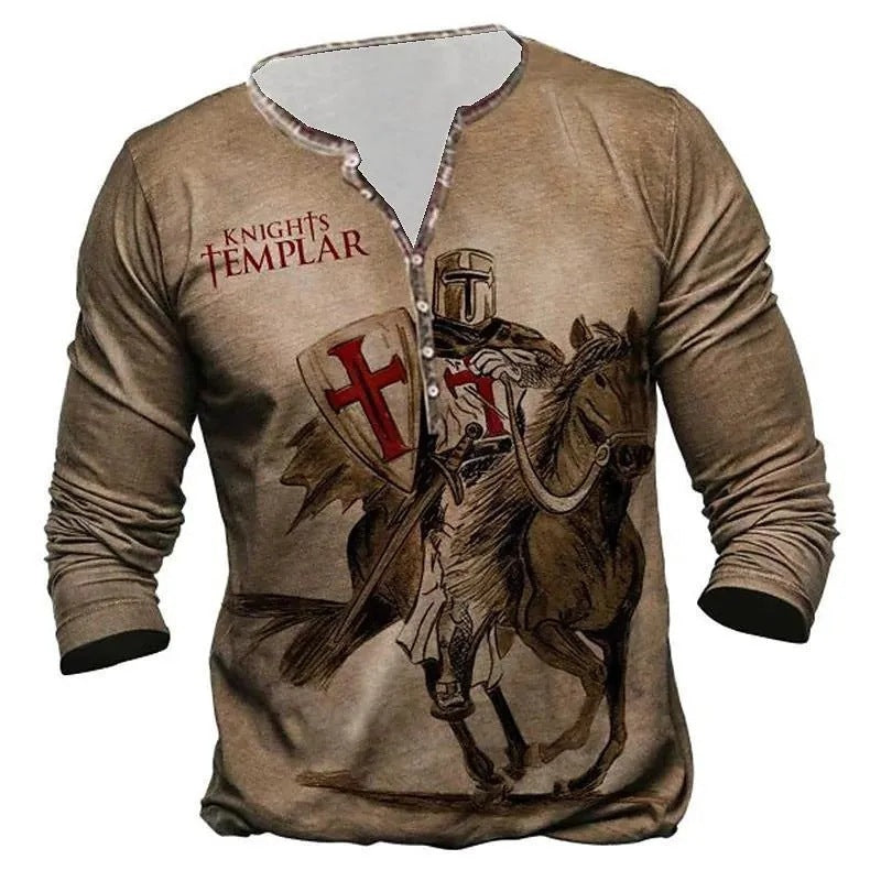 Camiseta medieval de manga larga para hombre con estampado digital europeo y americano