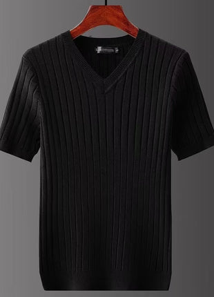 Men's Short-sleeved V-neck Knitted T-shirt