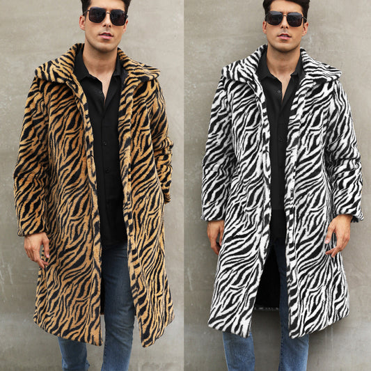 Men's Square Collar Imitation Fur Long Coat Overcoat