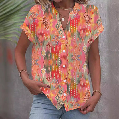 New Cross-border European And American Printed Button V-neck Short-sleeved Top Women's Clothing