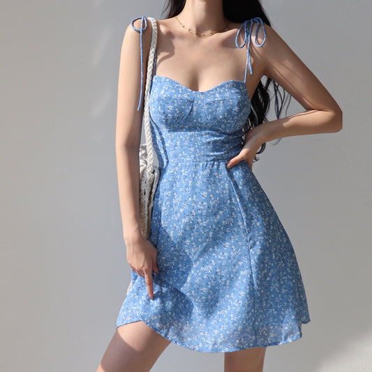 Just Arrived at Buy Center: Girl Blue Laced Floral Strap Dress A- Line Vacation Style