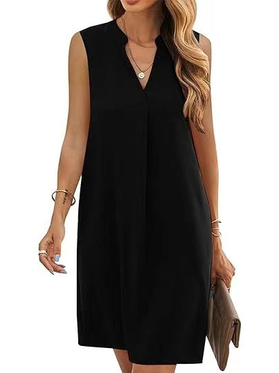 Buy Center Hot Pick-Sleeveless Elegant V-neck Loose Solid Color Dress Women Black