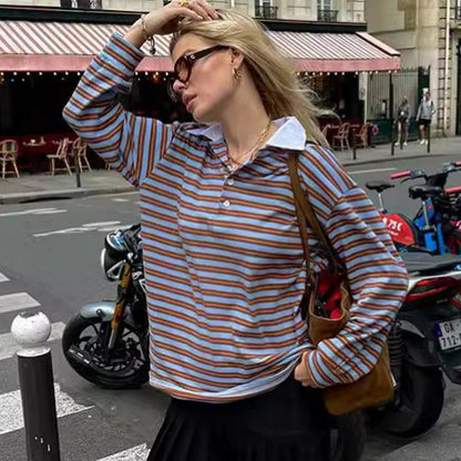 Buy Center Premium-V-collar Contrast Color Striped Long Sleeve T-shirt Fashion