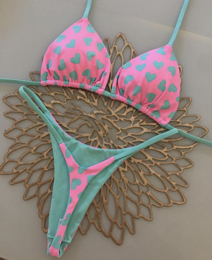 Women's Printed Lace Up Split Swimsuit Bikini Pink Love Heart