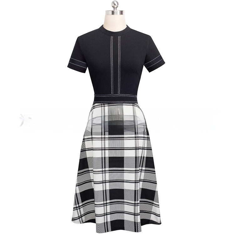 Fresh on the Scene at Buy Center: Round Neck Short Sleeve Slim Fit Slimming Elegant Graceful Business Dress White Plaid