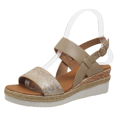 Trending Now at Buy Center: Spring And Summer New Wedge Round Toe Wide Strap Sandals For Women Khaki