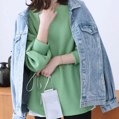 Loose Casual High-grade Waffle Bottoming Shirt Cyan