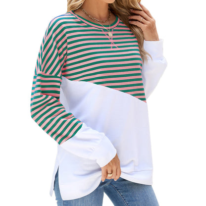 Newly Released at Buy Center: Striped Printed Long Sleeve T Shirt Fashion Casual Round Neck Pullover Split Design Women's Clothing Green Pink