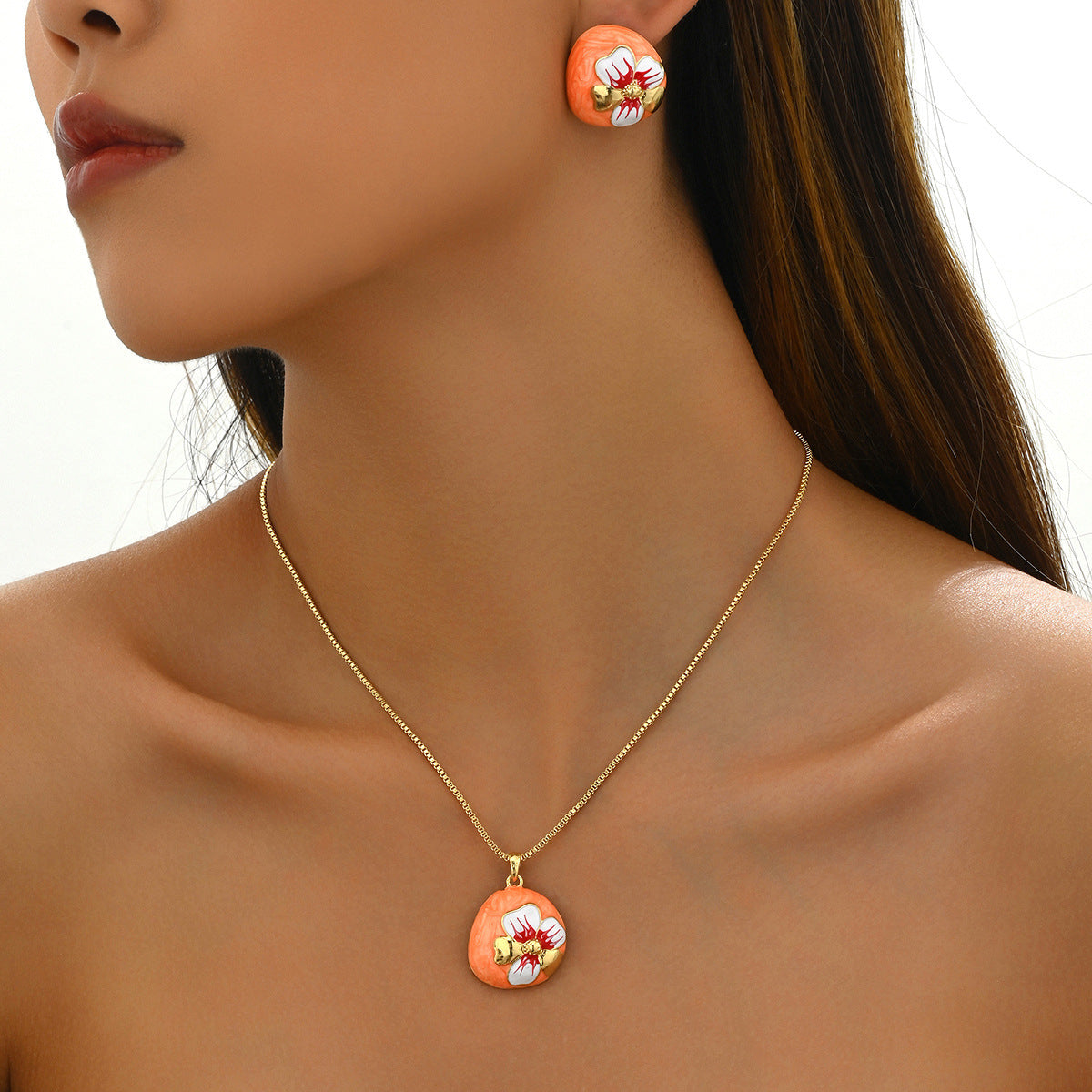 Buy Center Exclusive Offer-Necklace And Earrings Suite Women's Oil-coated Flower Design