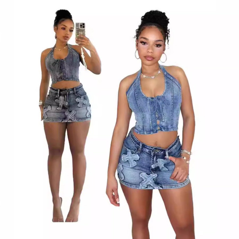 Fresh Arrivals at Buy Center: Women's Design Cross Embroidery Casual Stretch Denim Skirt Suit