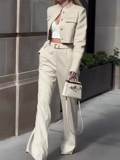 Trending Now at Buy Center: Solid Color Long-sleeved Top High-waisted Wide-leg Pants Suit Apricot