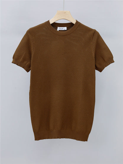 Now Available at Buy Center: Summer Men's Ice Silk Knitted Round Neck T-shirt Coffee