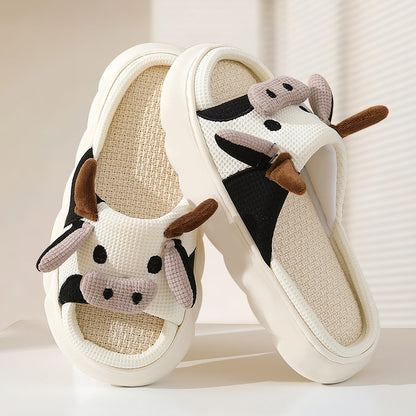 Buy Center Top Rated-Cute Cow Linen Shit Feeling Interior Non-slip Deodorant Outer Wear Platform Slippers