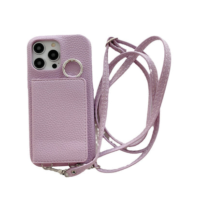 Lychee Pattern Left And Right Open Beauty Mirror Lanyard Phone Case