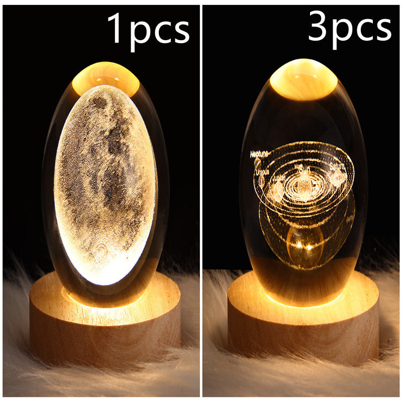 LED Night Light Galaxy Crystal Ball Table Lamp 3D Planet Moon Lamp Bedroom Home Decor For Kids Party Children Birthday Gifts Solid Wood Seat Set40 USB