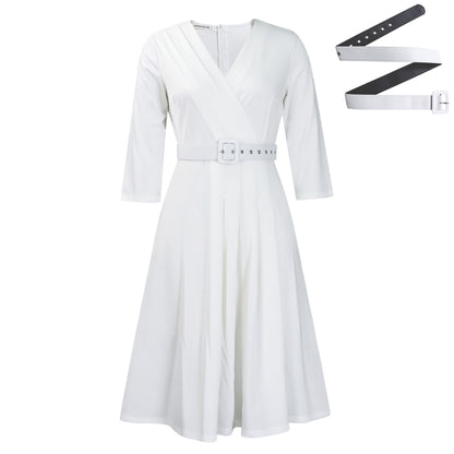 Buy Center Handpicked- V-neck Fashion Elegant Pleated Elastic Elegant African Dress White Belt