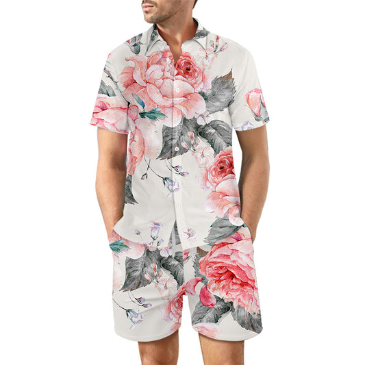 European Size Men's Casual Loose Shirt Suit Hawaii Seaside 3d Digital Printing Beach Short Sleeve Shorts