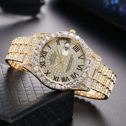 Just Arrived at Buy Center: Full Diamond Surface Roman Scale Steel Watch Gold Shell Gold Diamand