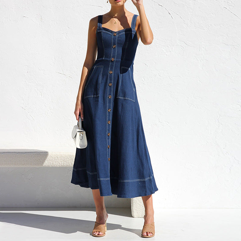 Hot New Items at Buy Center: Cross Border Amazon Independent Station Sling Distressed Casual Style Button Denim Long Dress