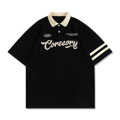 Newly Released at Buy Center: American Retro Lapels Short Sleeve Couple Loose POLO Black